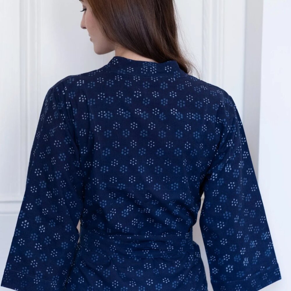 Anokhi Indian Wrap Top in Blue Dot Flower, Size S - Picture 10 of 10
